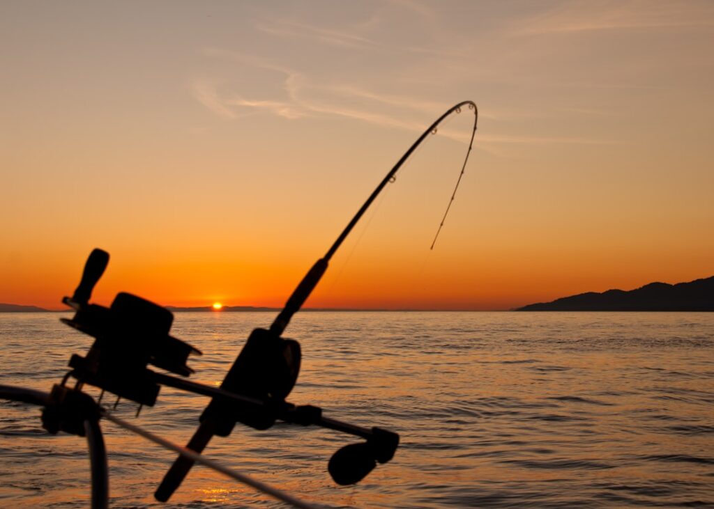 Fishing rods and tackle at sunset
