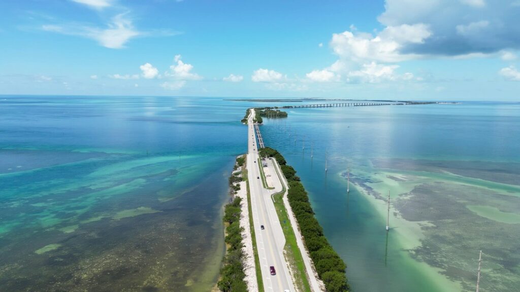 Aerial view of a Florida Keys bridge and turquoise ocean