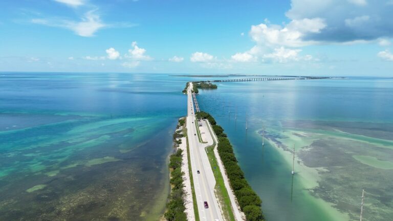 Aerial view of a Florida Keys bridge and turquoise ocean